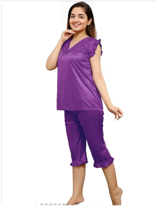 Women Purple Nightwear Co-ord Set | Half Sleeve Night Suit for Women