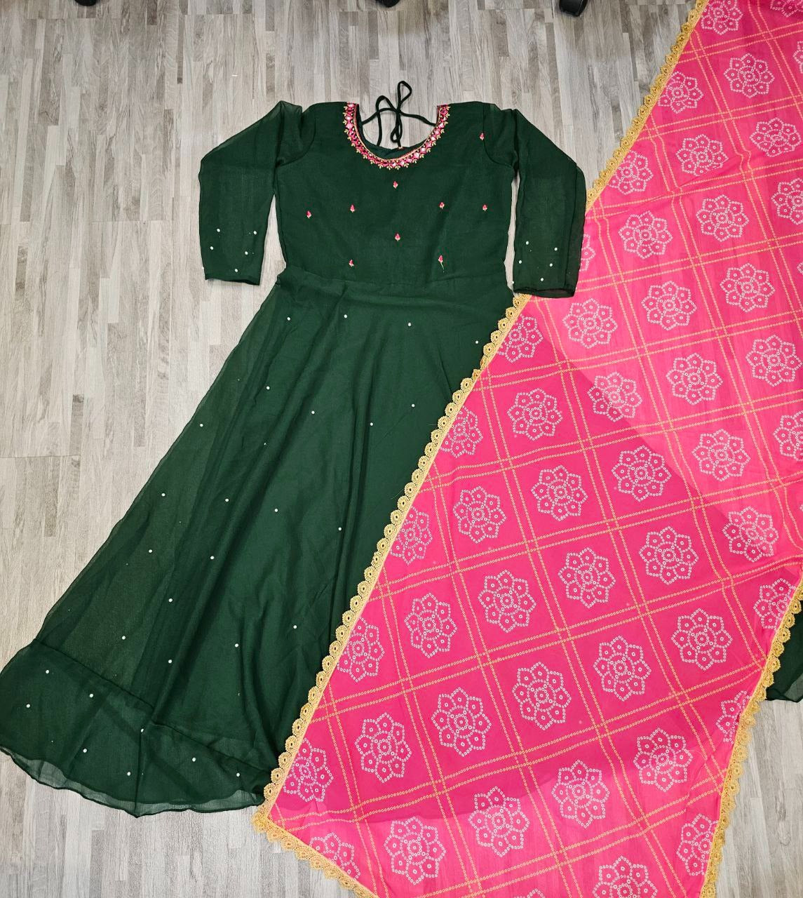 Women's Black Georgette Anarkali Gown Kurta with Pink Dupatta – Elegant Ethnic Dress Set