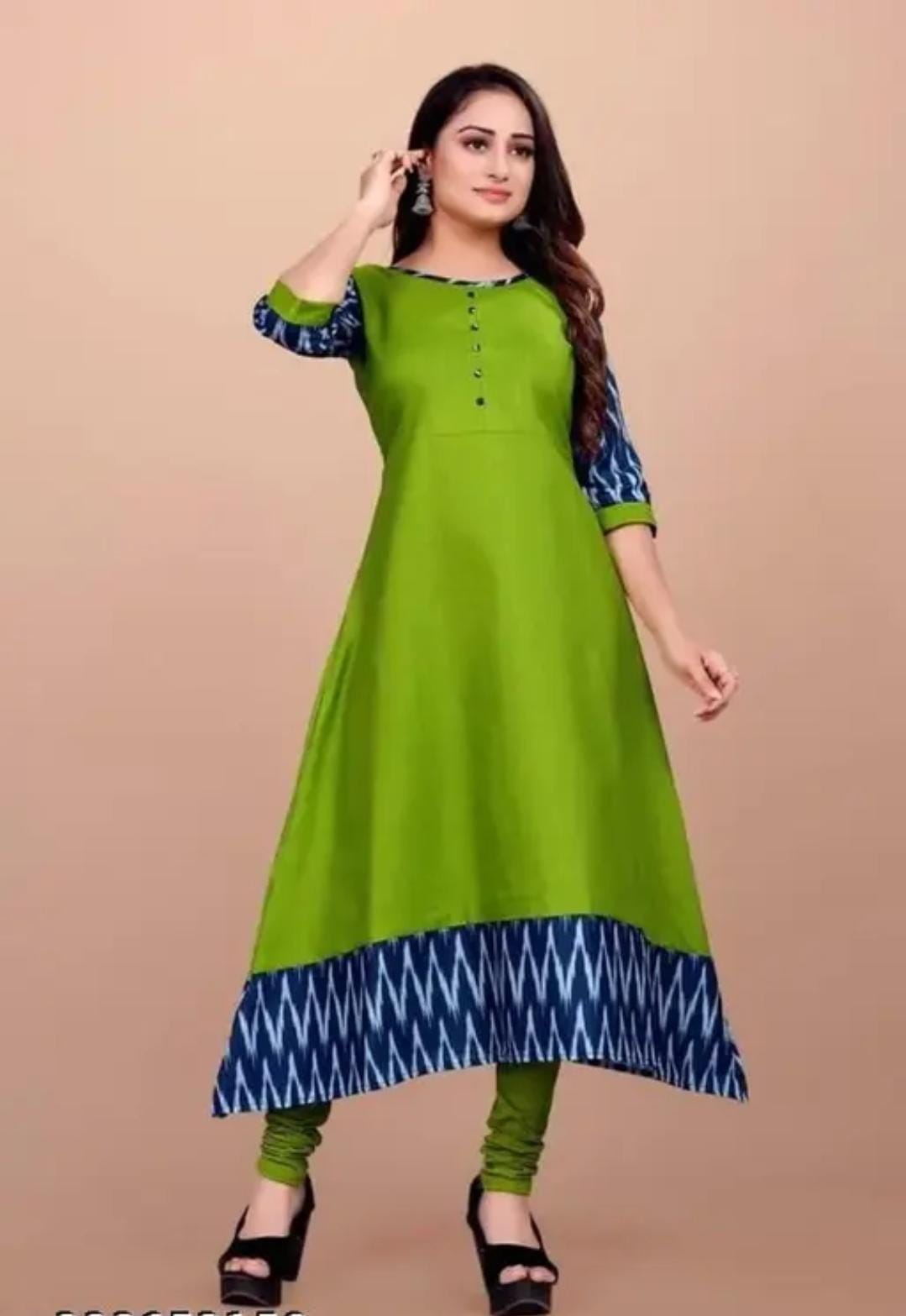 Women's Green Cotton Anarkali Gown – Elegant Flared Ethnic Dress with Printed Border