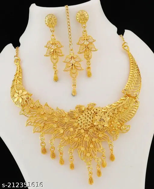 Women's Traditional Gold-Tone Bridal Jewelry Set – Designer Necklace & Earrings Set