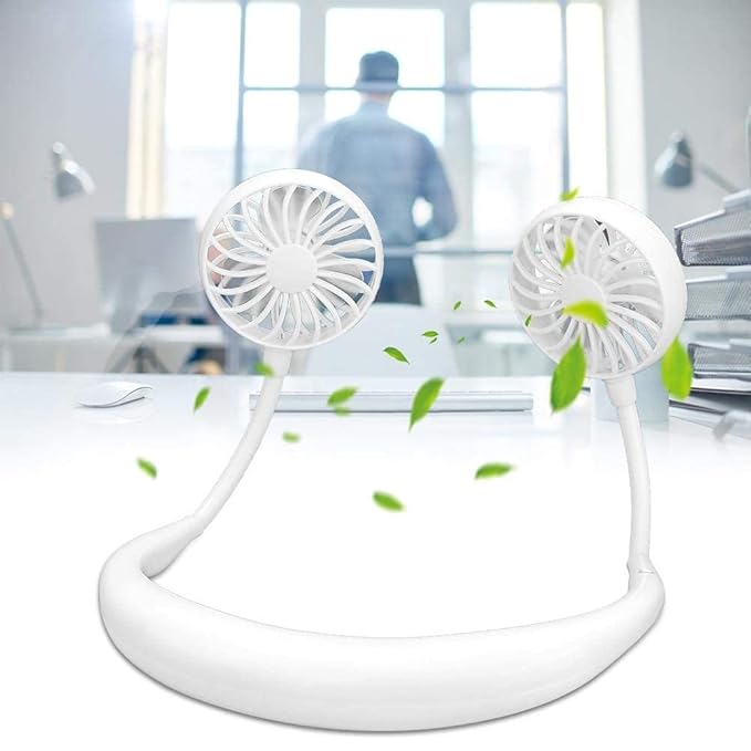 Portable Neckband Fan with LED Light | USB Rechargeable Hands-Free Cooling Fan for Men & Women (White)