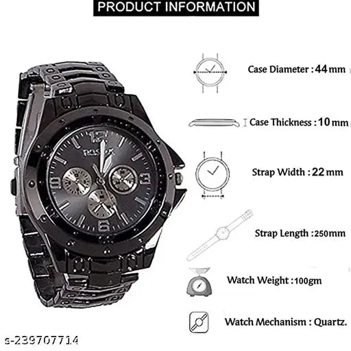 Luxury Black Metal Analog Watch for Men | Premium Quartz Stainless Steel Wrist Watch ⌚