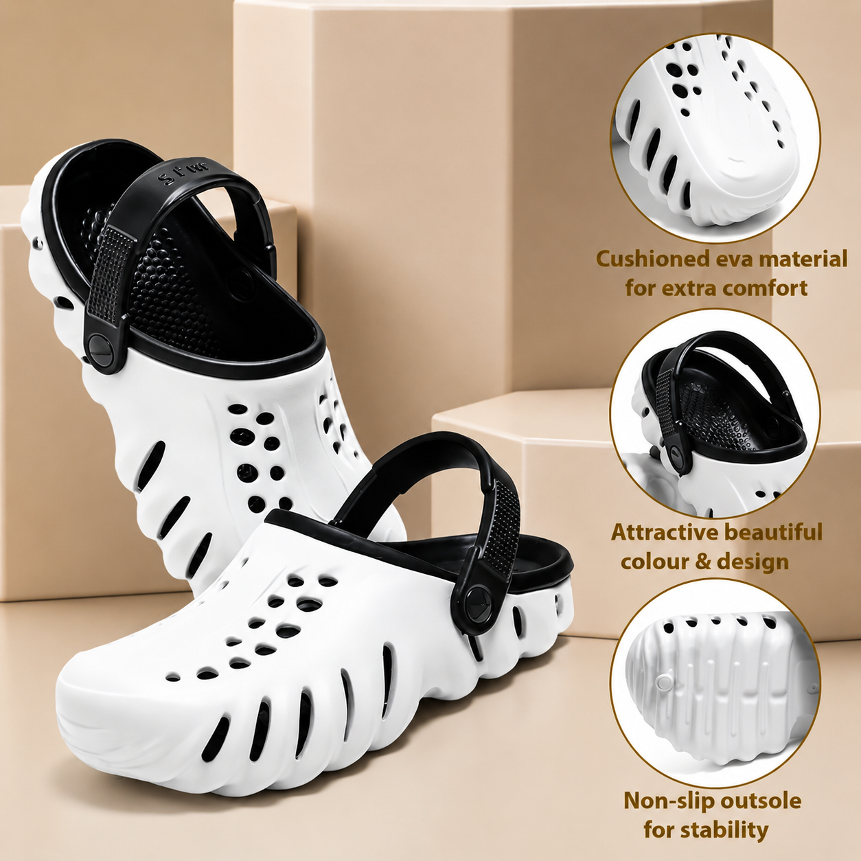 Men's Lightweight Clogs Sandals (Black & White) | Breathable Slip-On Comfort Footwear | Anti-Slip Casual Clogs