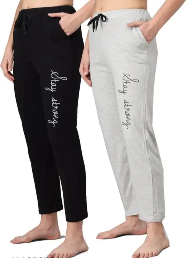 Cotton Blend Straight Fit Trouser for Women (Black & Grey, M) (Pack of 2)