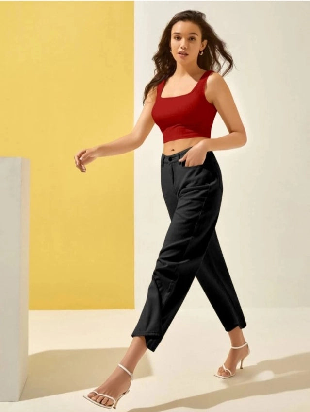 Women's Red Cotton Blend Sleeveless Crop Top – Stylish Casual Slim Fit Tank Top