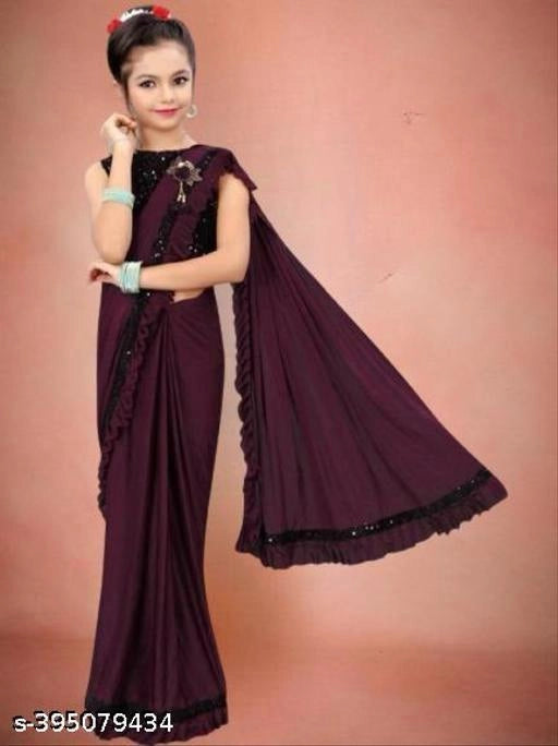 Girls Wine Ready-to-Wear Saree | Traditional Ethnic Party Wear Saree for Kids (4–5 Years)