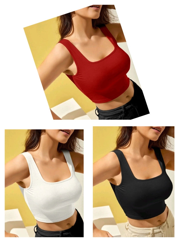 Women's Cotton Blend Sleeveless Crop Top Combo – Red, White & Black Solid Tops (Pack of 3)