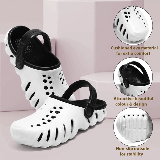 Men's Lightweight Clogs Sandals (Black & White) | Breathable Slip-On Comfort Footwear | Anti-Slip Casual Clogs