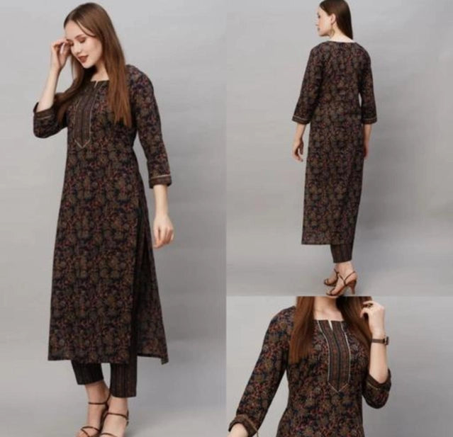 Women's Floral Printed Cotton Kurta Pant Set | Elegant 2 Piece Ethnic Wear black