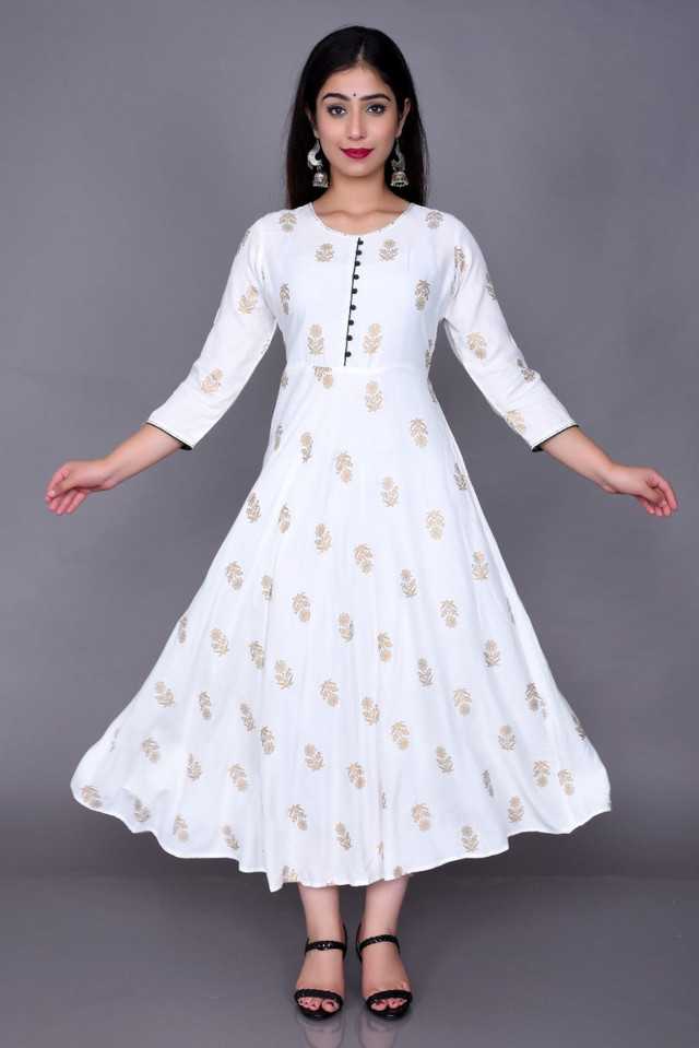 Women's White Rayon Anarkali Kurti – Elegant Printed Flared Ethnic Dress