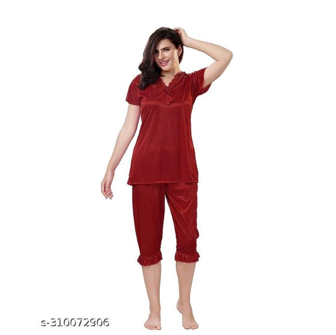 Women Maroon Nightwear Co-ord Set | Half Sleeve Night Suit for Women