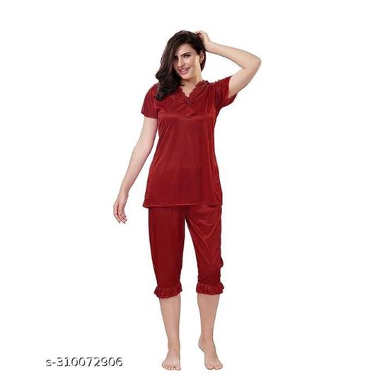 Women Maroon Nightwear Co-ord Set | Half Sleeve Night Suit for Women