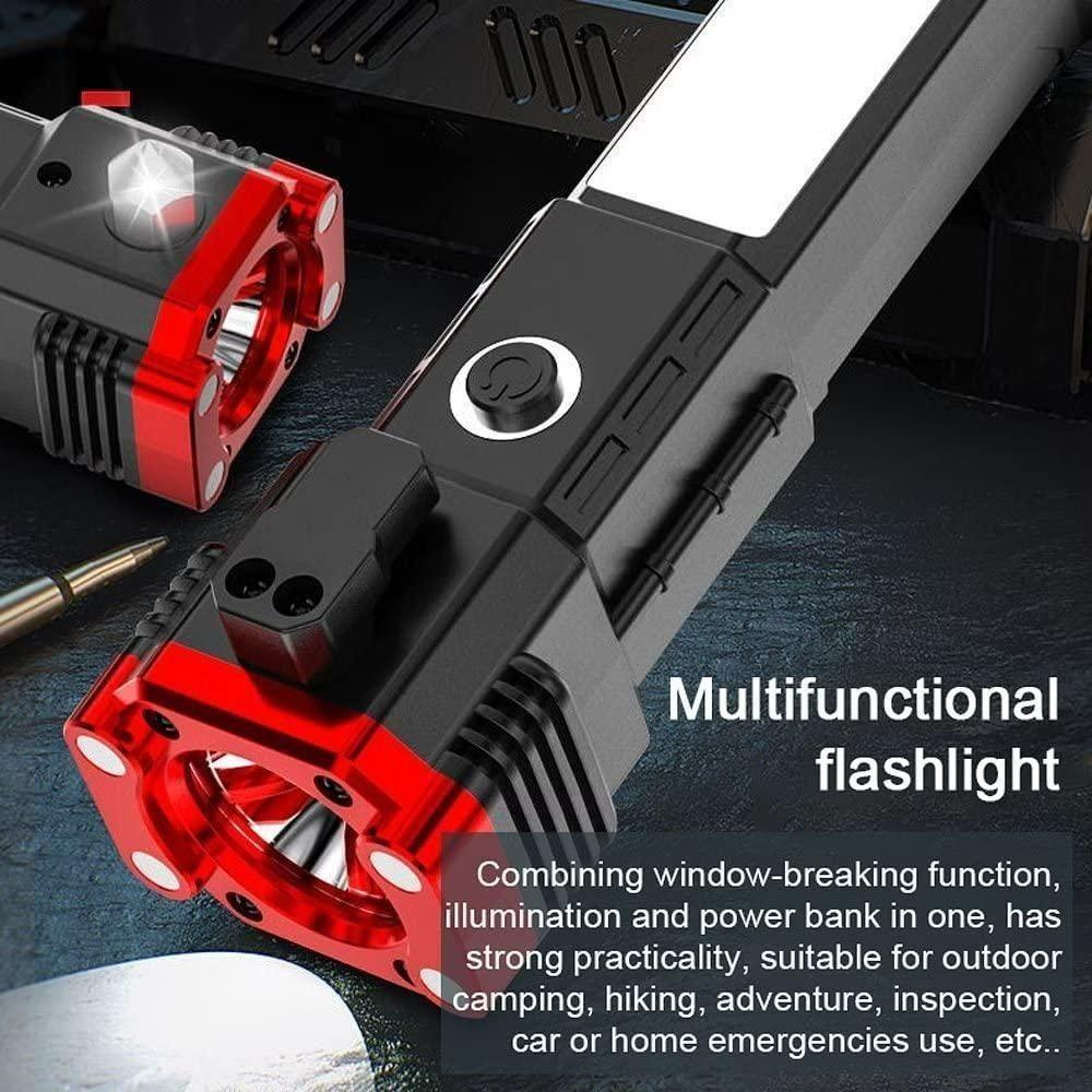 8-in-1 Rechargeable LED Flashlight – Emergency Safety Hammer, Power Bank & Multi-Tool Torch (Black)