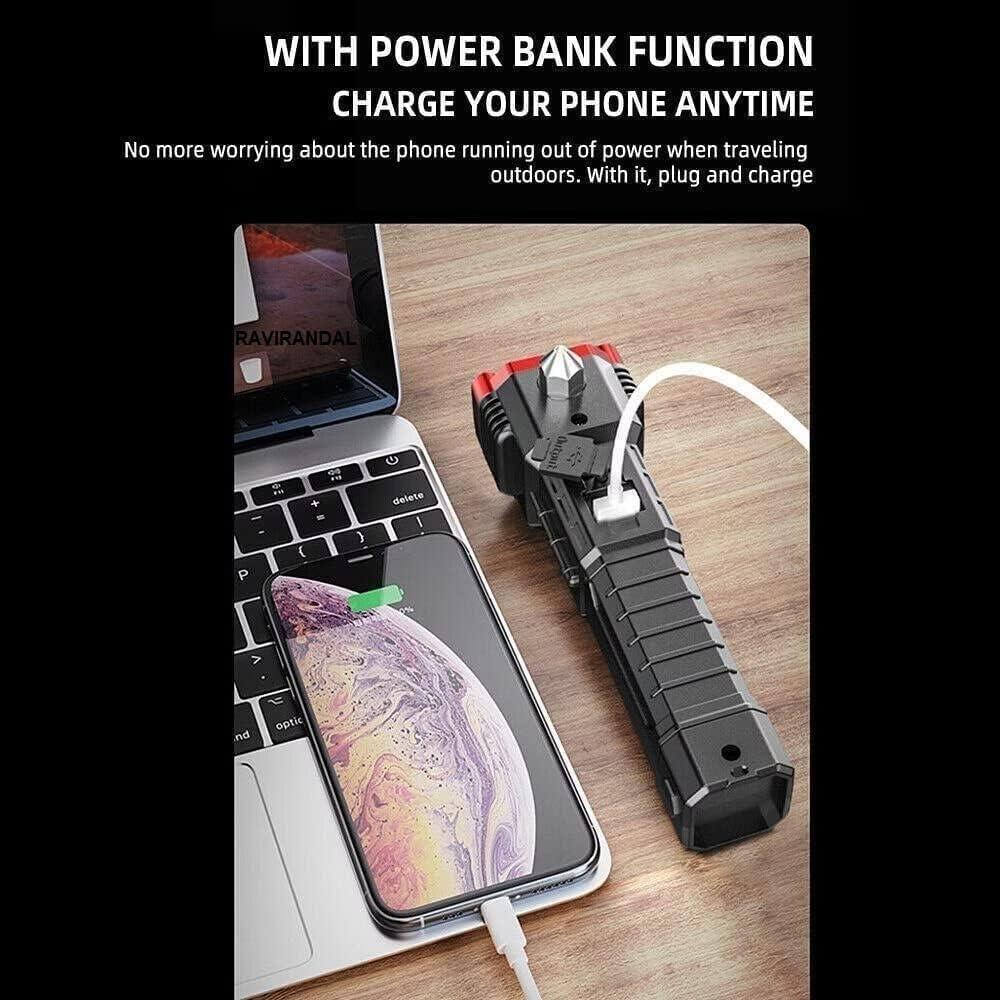 8-in-1 Rechargeable LED Flashlight – Emergency Safety Hammer, Power Bank & Multi-Tool Torch (Black)