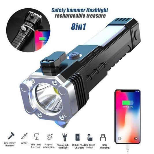 8-in-1 Rechargeable LED Flashlight – Emergency Safety Hammer, Power Bank & Multi-Tool Torch (Black)