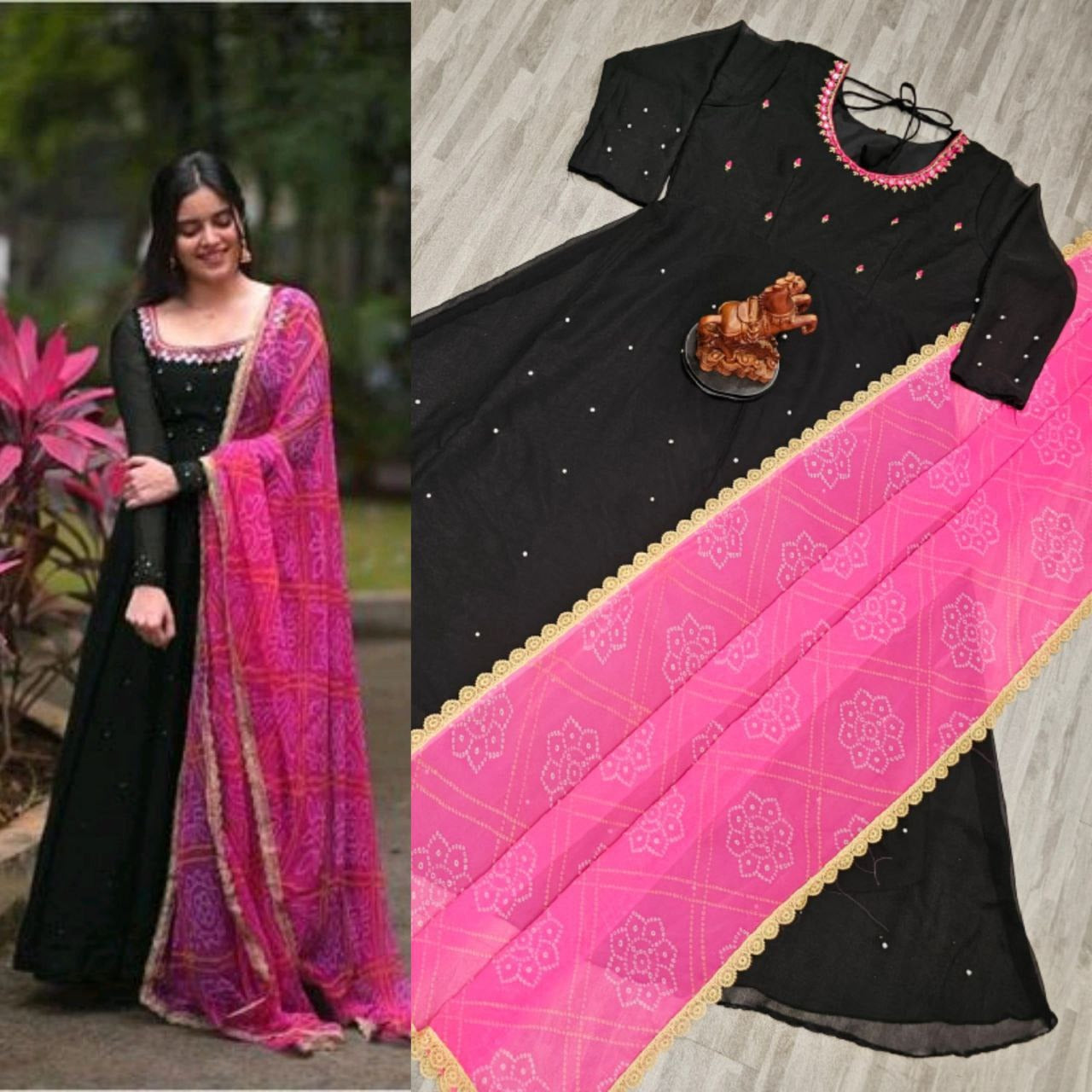 Women's Black Georgette Anarkali Gown Kurta with Pink Dupatta – Elegant Ethnic Dress Set