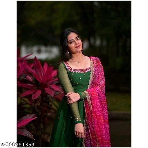 Women's Black Georgette Anarkali Gown Kurta with Pink Dupatta – Elegant Ethnic Dress Set