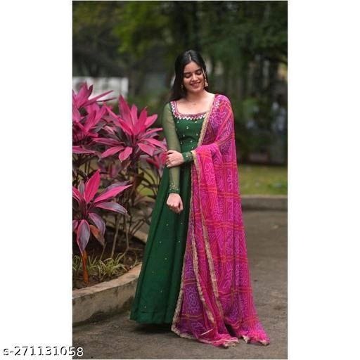 Women's Black Georgette Anarkali Gown Kurta with Pink Dupatta – Elegant Ethnic Dress Set
