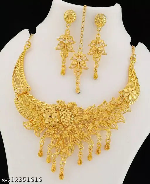 Women's Traditional Gold-Tone Bridal Jewelry Set – Designer Necklace & Earrings Set