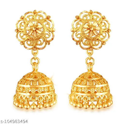 Women's Traditional Gold-Tone Jhumka Earrings – Elegant Ethnic Dangle Earrings