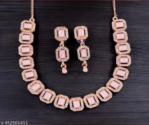 Women's Rose Gold Crystal Jewelry Set – Elegant Necklace & Earrings Set for Party & Wedding Wear