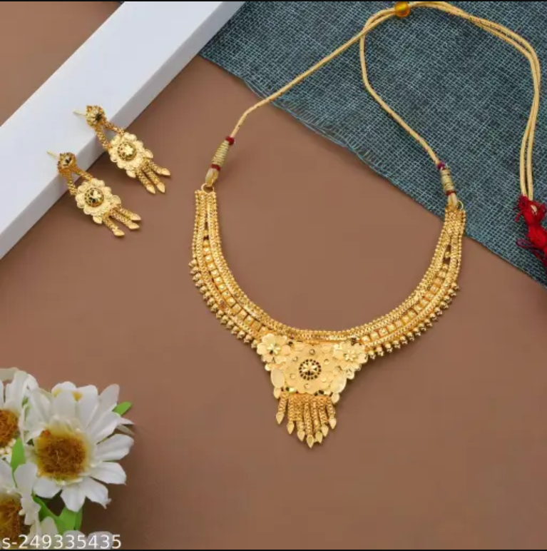 Women's Gold-Plated Traditional Jewelry Set – Elegant Necklace & Earrings Set for Wedding & Festive Wear