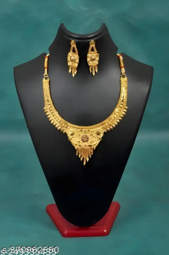 Women's Gold-Plated Traditional Jewelry Set – Elegant Necklace & Earrings Set for Wedding & Festive Wear