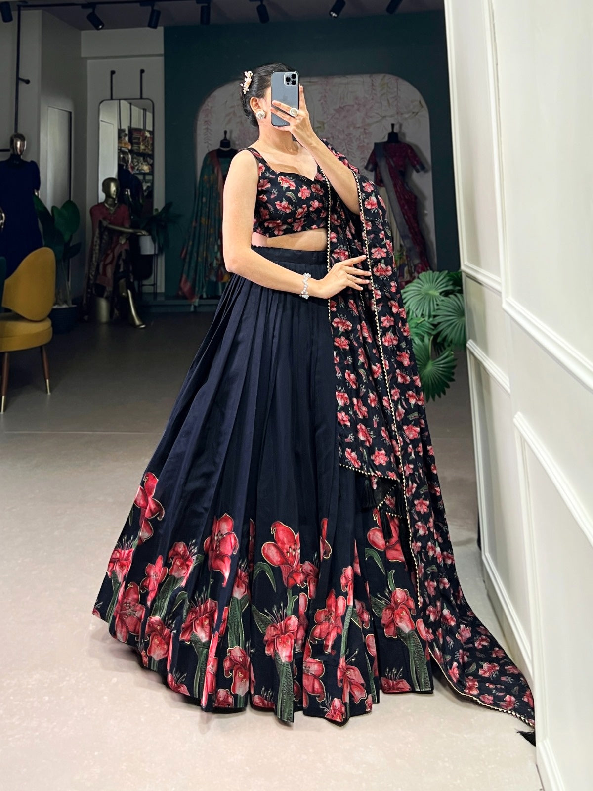 Elegant Black Floral Print Dola Silk Lehenga Choli Set with Foil Work & Dupatta