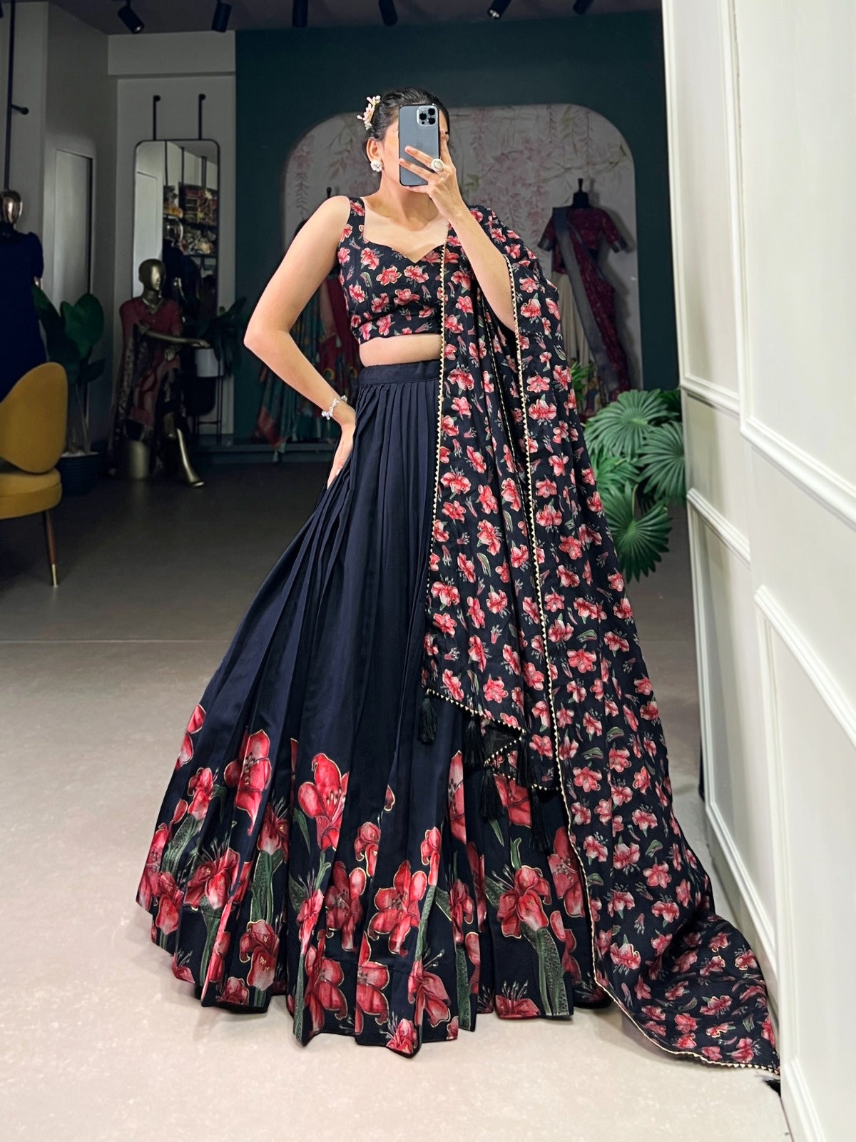 Elegant Black Floral Print Dola Silk Lehenga Choli Set with Foil Work & Dupatta