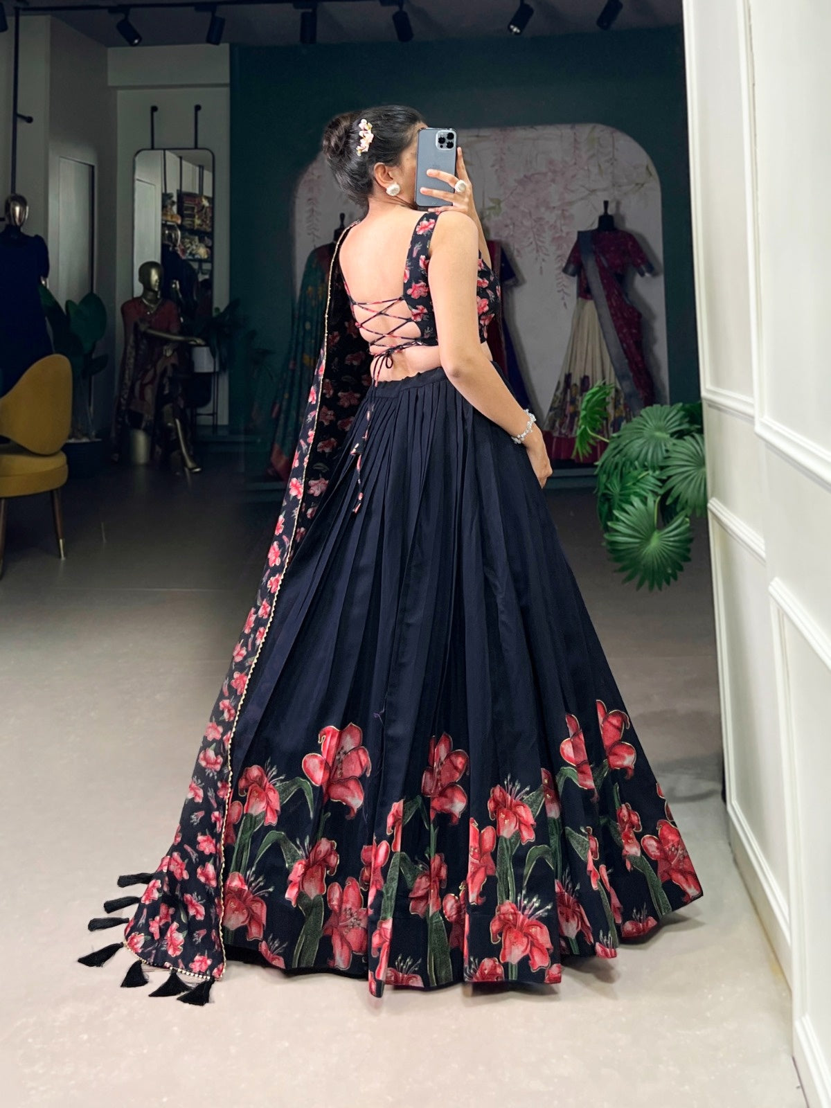 Elegant Black Floral Print Dola Silk Lehenga Choli Set with Foil Work & Dupatta
