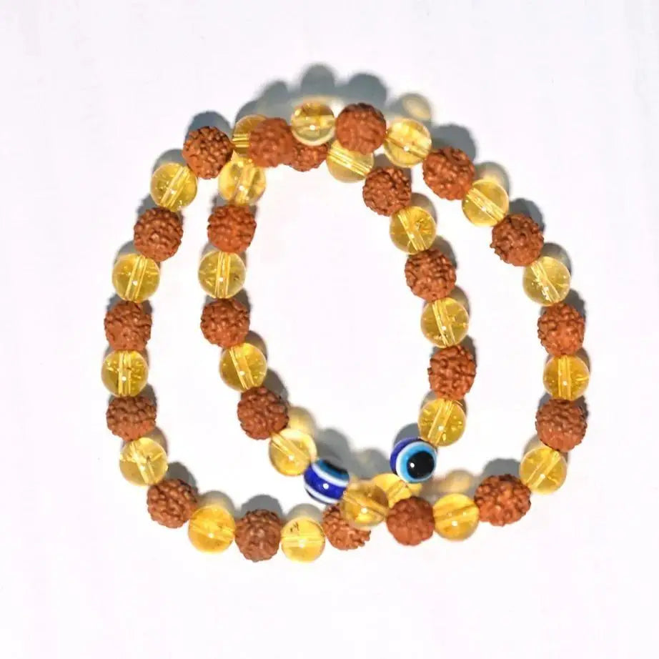 Rudraksha & Citrine Crystal Bracelet Set (Pack of 2) | Premium Natural Beaded Stretch Bracelets