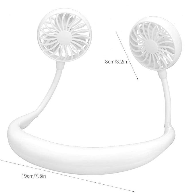 Portable Neckband Fan with LED Light | USB Rechargeable Hands-Free Cooling Fan for Men & Women (White)