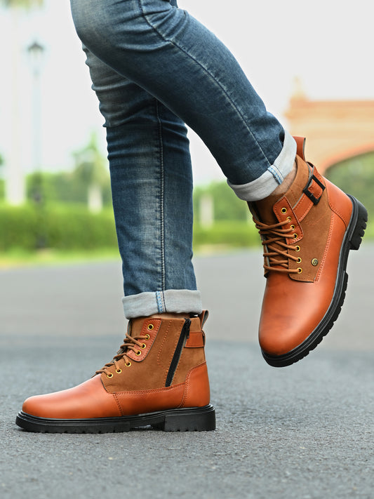 Stylish Tan Lace-Up Boots for Men | Lightweight Comfort Boots with Anti-Slip Sole | Casual & Everyday Wear