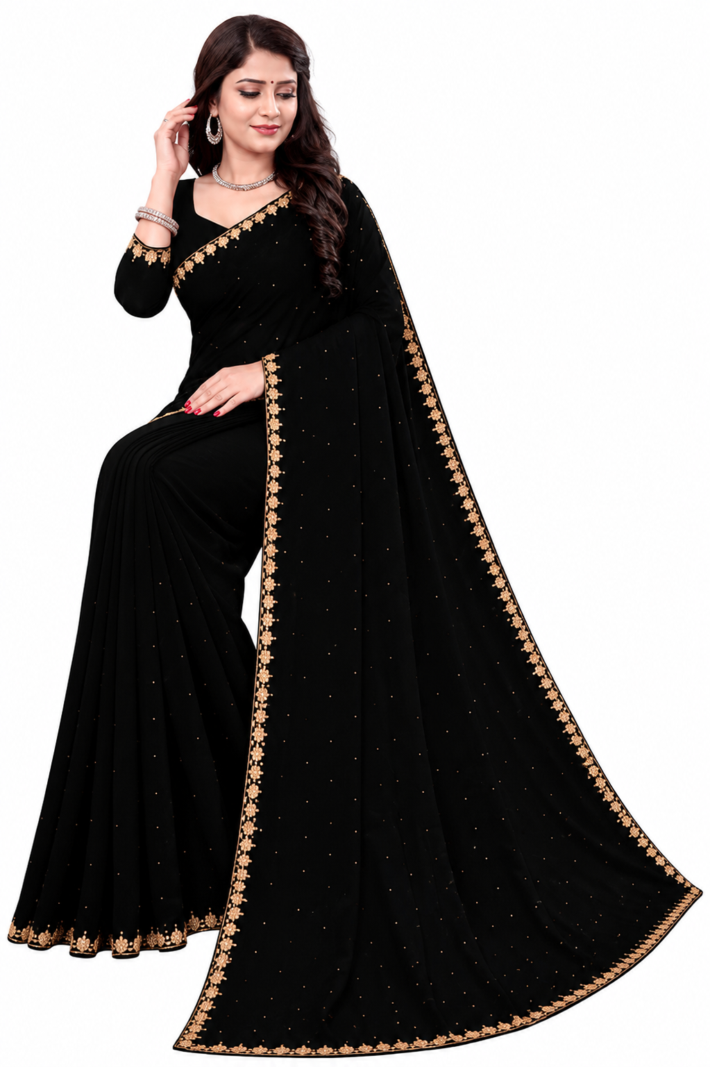 Women's Lycra Blend Solid Saree with Decorative Border | Elegant Party & Festive Wear Saree | Black | 6.3 Meter