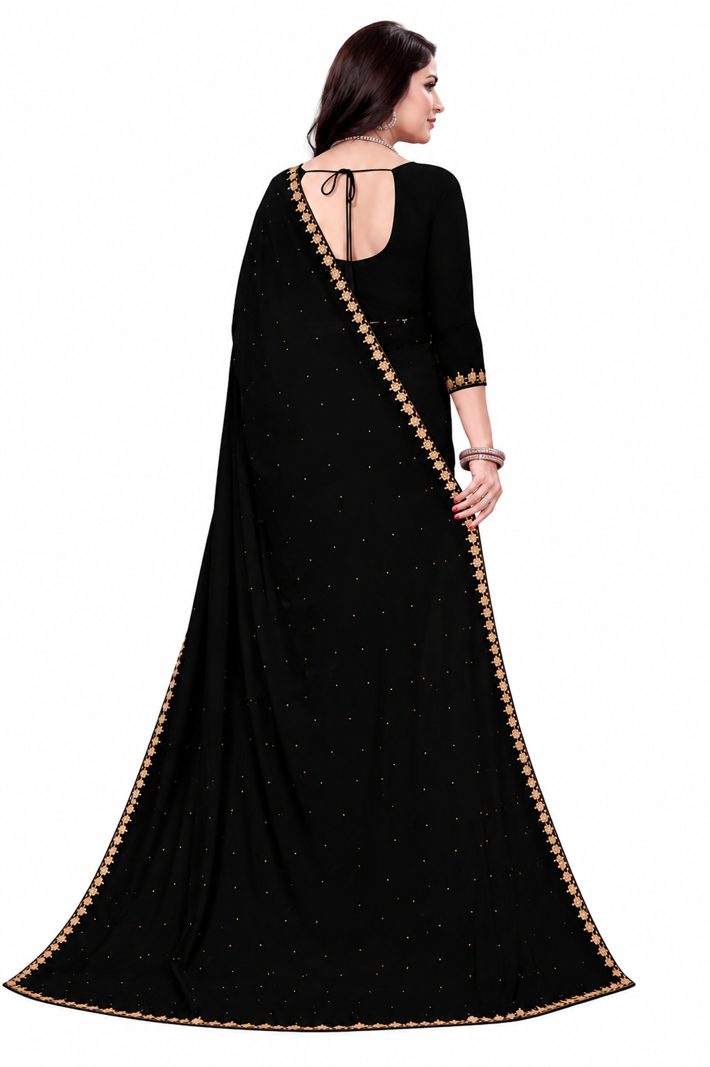 Women's Lycra Blend Solid Saree with Decorative Border | Elegant Party & Festive Wear Saree | Black | 6.3 Meter