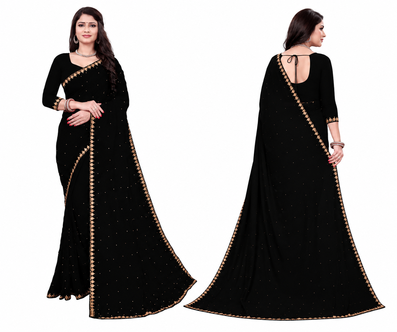 Women's Lycra Blend Solid Saree with Decorative Border | Elegant Party & Festive Wear Saree | Black | 6.3 Meter