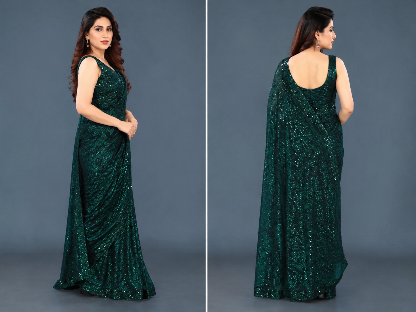 Women's Lycra Blend Solid Saree with Decorative Border | Elegant Party & Festive Wear Saree | Navy Blue | 6.3 Meter