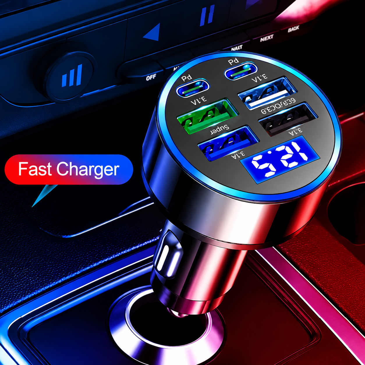 66W Fast Charging Car Charger – 6 Port USB & Type-C Adapter with LED Voltage Display, QC 3.0 & PD Support