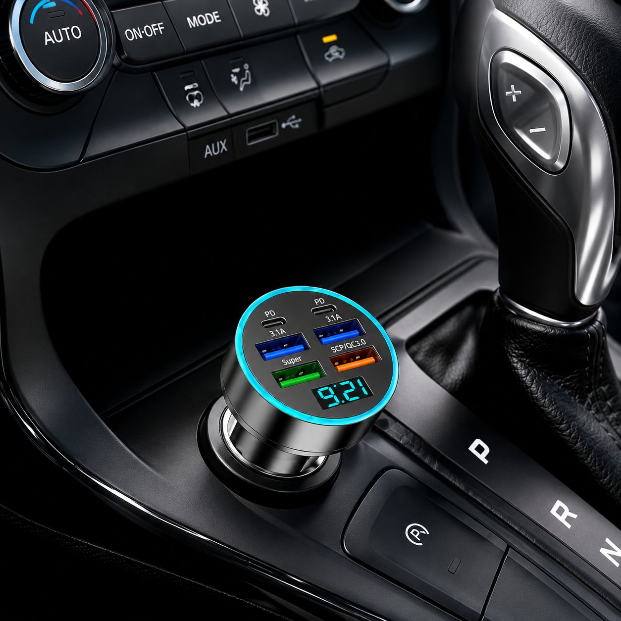 66W Fast Charging Car Charger – 6 Port USB & Type-C Adapter with LED Voltage Display, QC 3.0 & PD Support