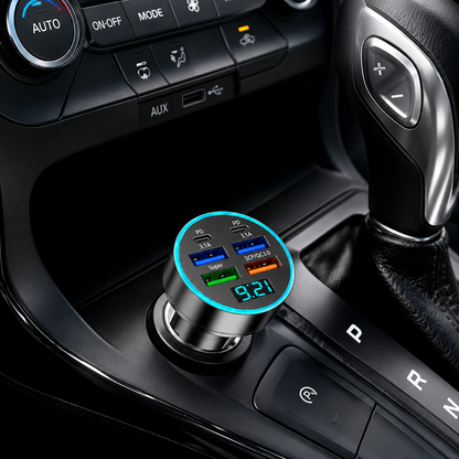 66W Fast Charging Car Charger – 6 Port USB & Type-C Adapter with LED Voltage Display, QC 3.0 & PD Support
