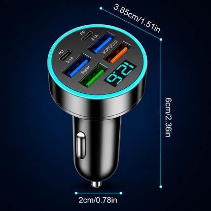 66W Fast Charging Car Charger – 6 Port USB & Type-C Adapter with LED Voltage Display, QC 3.0 & PD Support