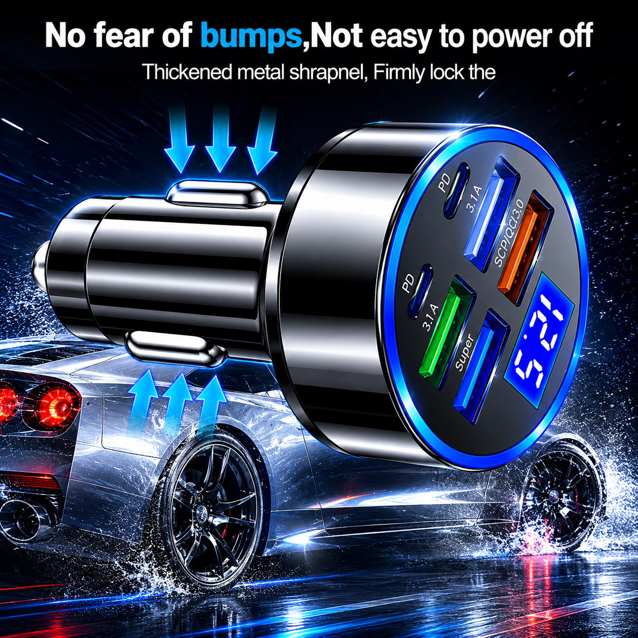 66W Fast Charging Car Charger – 6 Port USB & Type-C Adapter with LED Voltage Display, QC 3.0 & PD Support