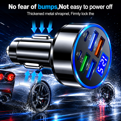 66W Fast Charging Car Charger – 6 Port USB & Type-C Adapter with LED Voltage Display, QC 3.0 & PD Support