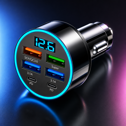 66W Fast Charging Car Charger – 6 Port USB & Type-C Adapter with LED Voltage Display, QC 3.0 & PD Support
