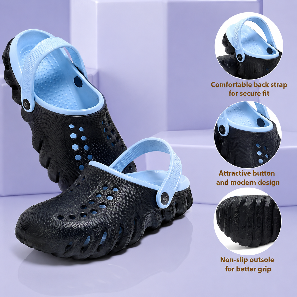 Men's Lightweight Clogs Sandals (Blue & Black) | Breathable Slip-On Comfort Footwear | Anti-Slip Casual Clogs