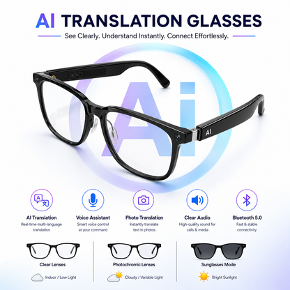 AI Smart Translation Glasses | Real-Time Language Translator, Photochromic Lenses & Hands-Free Audio