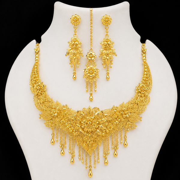 Women's Traditional Gold-Tone Bridal Jewelry Set – Designer Necklace & Earrings Set