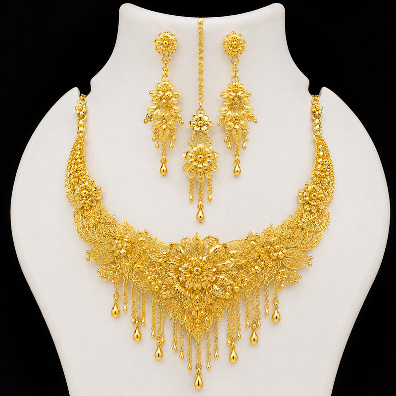 Women's Traditional Gold-Tone Bridal Jewelry Set – Designer Necklace & Earrings Set