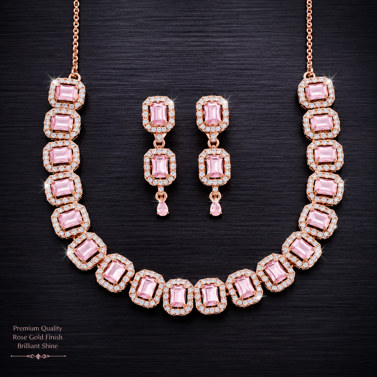 Women's Rose Gold Crystal Jewelry Set – Elegant Necklace & Earrings Set for Party & Wedding Wear