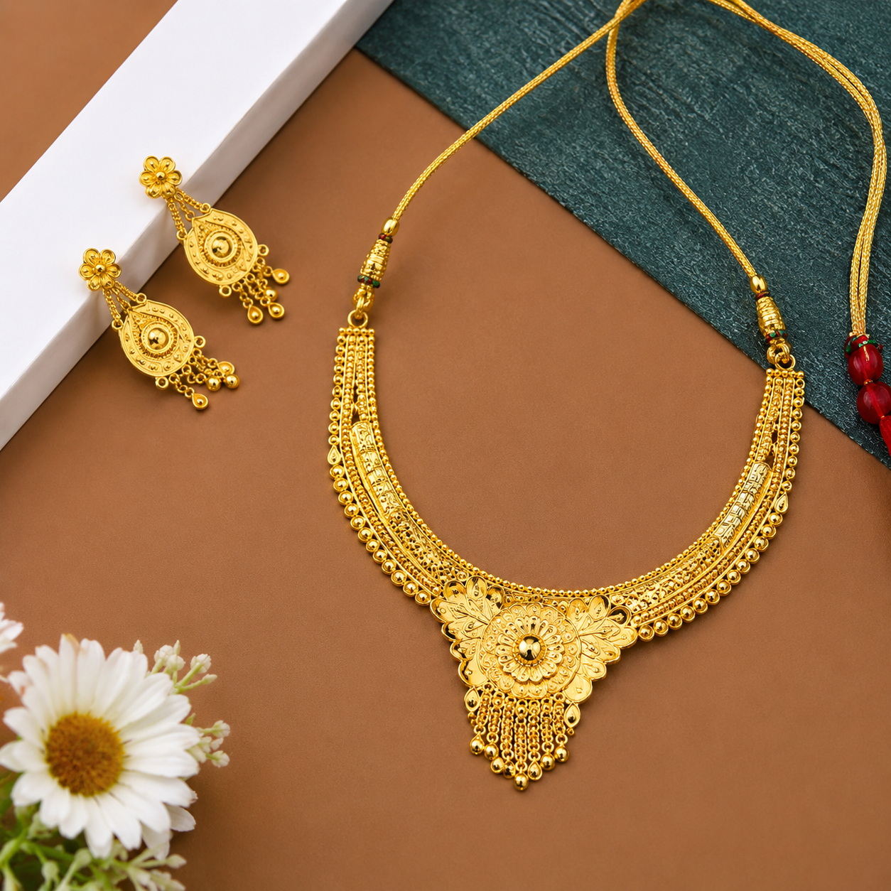 Women's Gold-Plated Traditional Jewelry Set – Elegant Necklace & Earrings Set for Wedding & Festive Wear